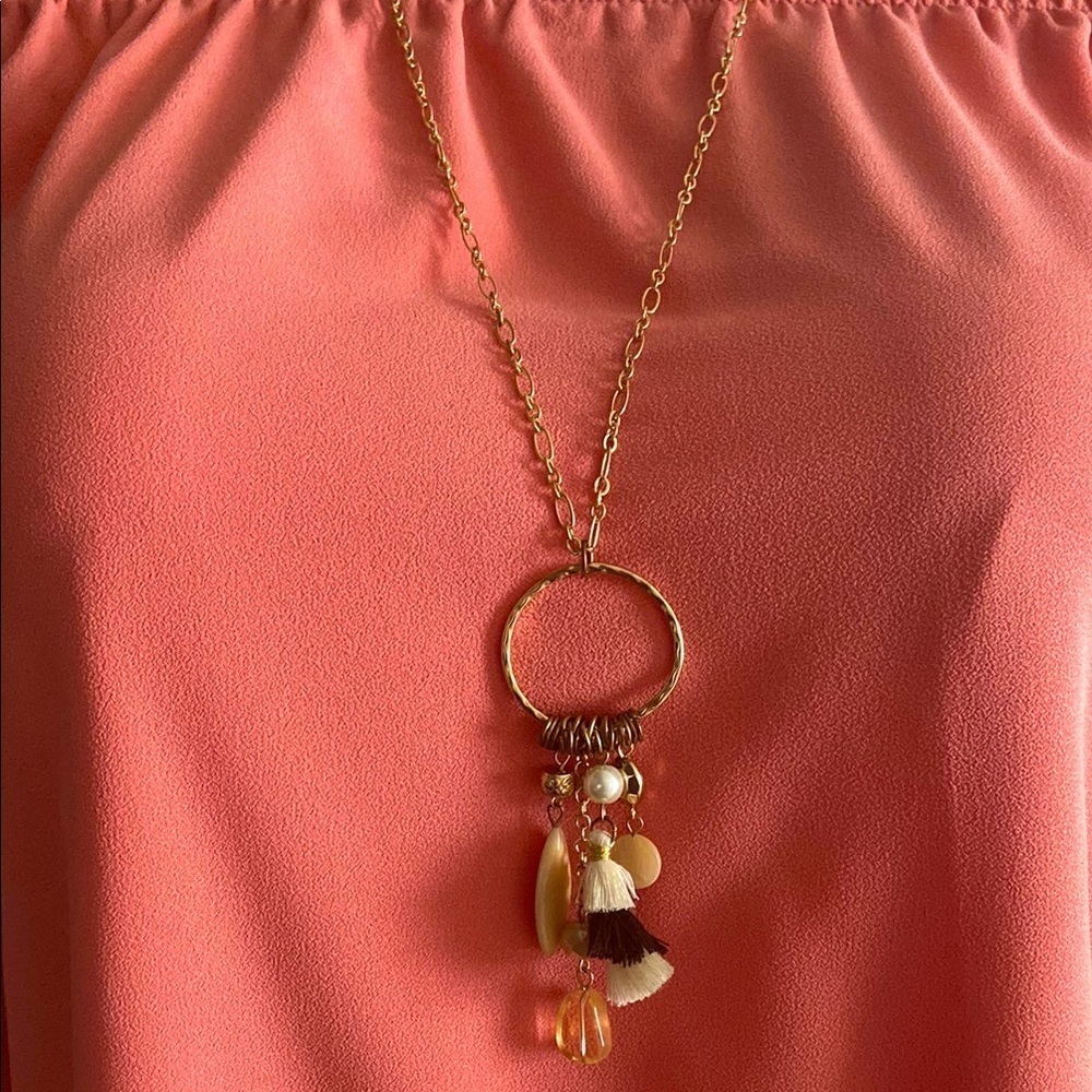 C Est.1946 Gold Boho Long Pendant Necklace with Charms